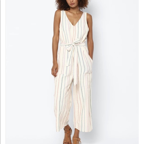 Cotton Linen Striped Sleeveless V Neck Wide Leg Jumpsuit - Picture 5 of 11